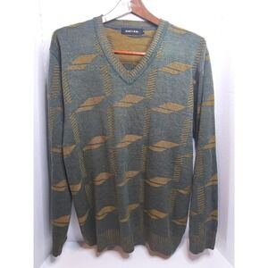 VTG Datsun V Neck Long‎ Sleeve Sweater XL Green Gold Geometric Pattern Mens